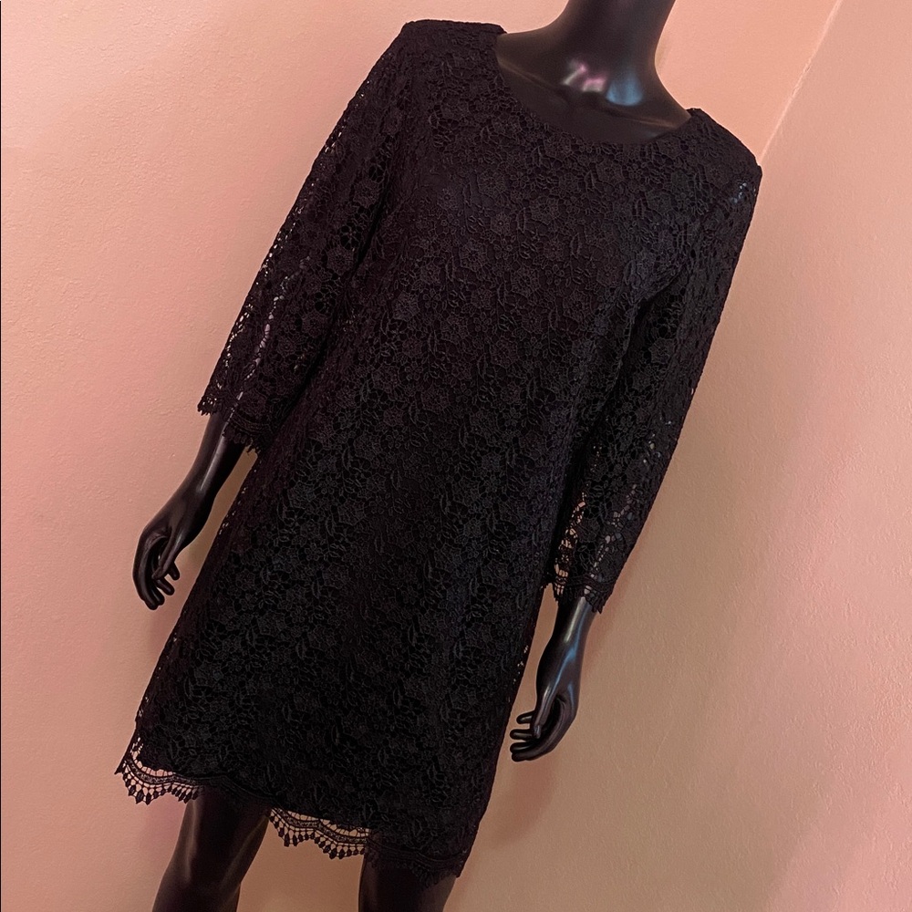 Alfani Black Lace Shift Dress with Three-Quarter Sleeves